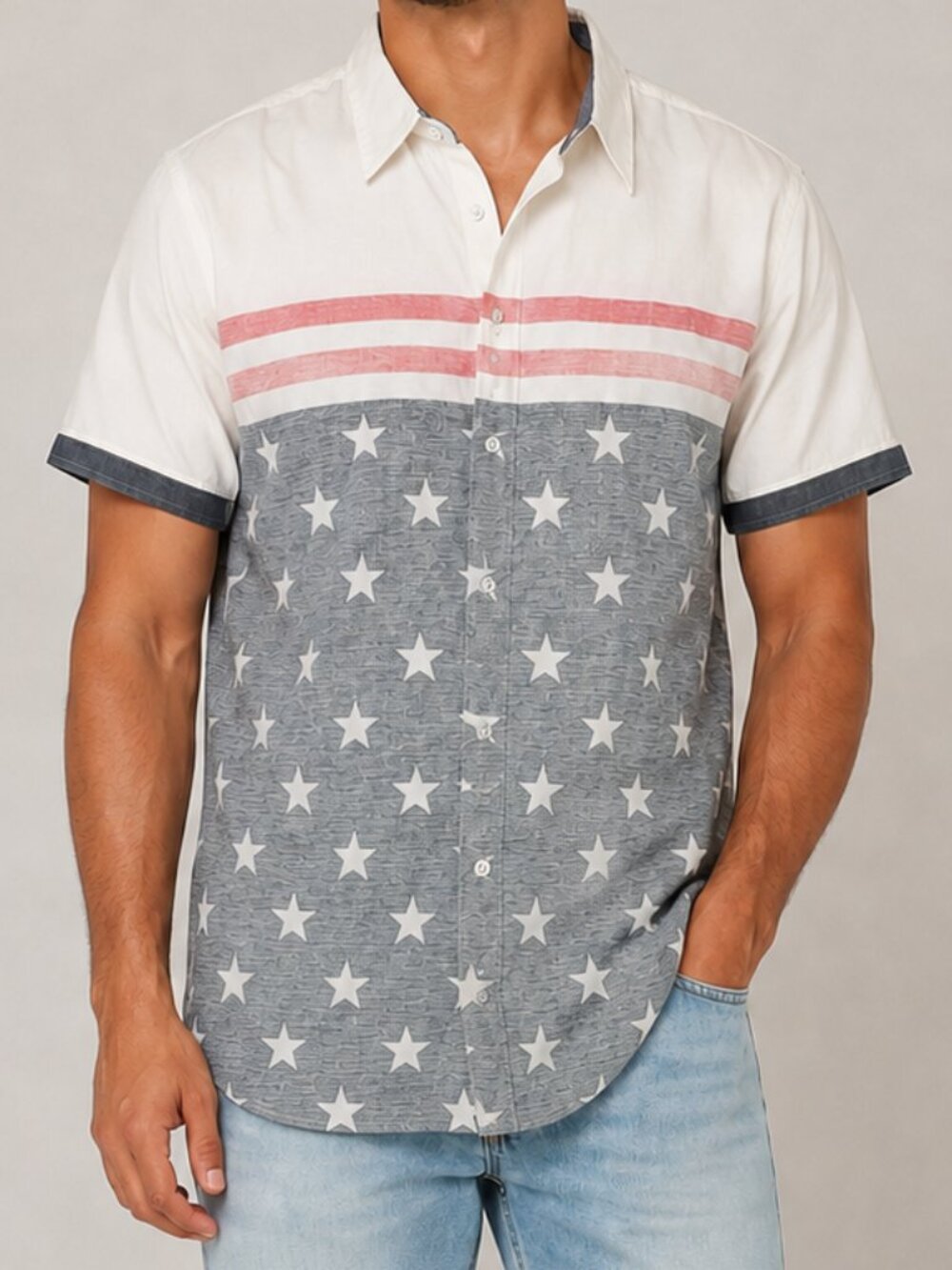 NWT Free Planet Men Button-Down Patriotic Stars & Stripes Short Sleeve 3XL